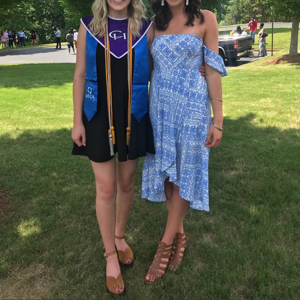 Hi-low off the shoulder blue and white dress